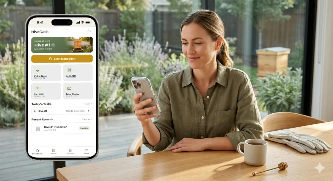 A beekeeper checking the HiveDash app in her garden, with hives behind her